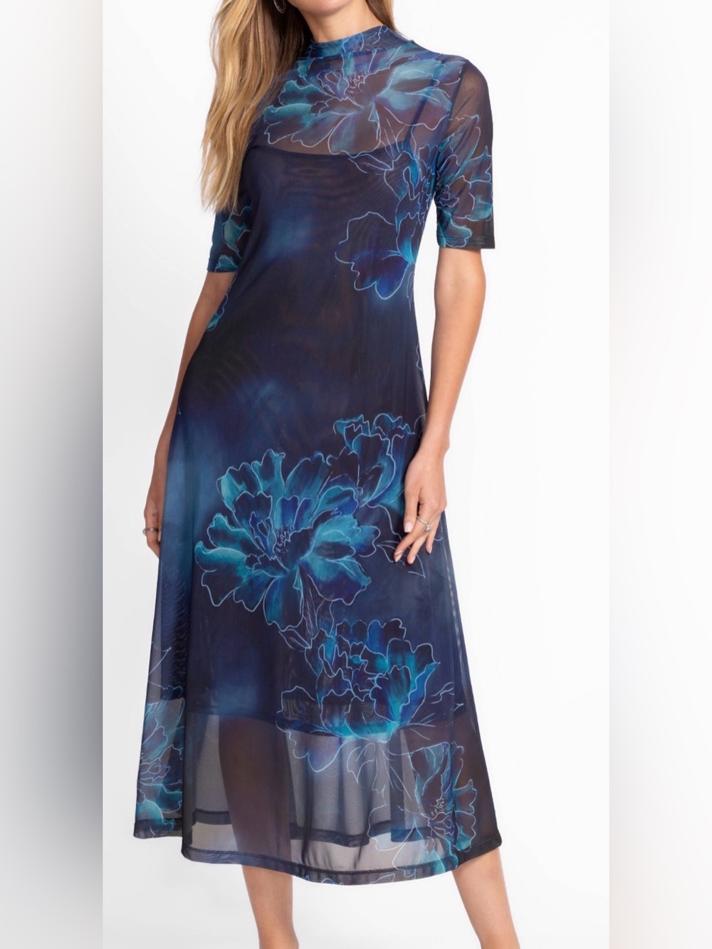 JOHNNY WAS 3/4 sleeve mock neck mesh dress in athena NEW NWT